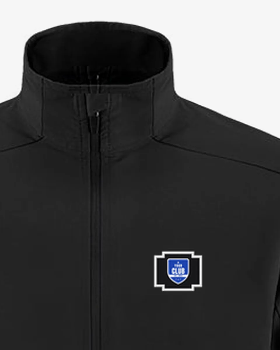 Close-up of the black Athleisure Jacket with a Your Club crest patch on the left chest